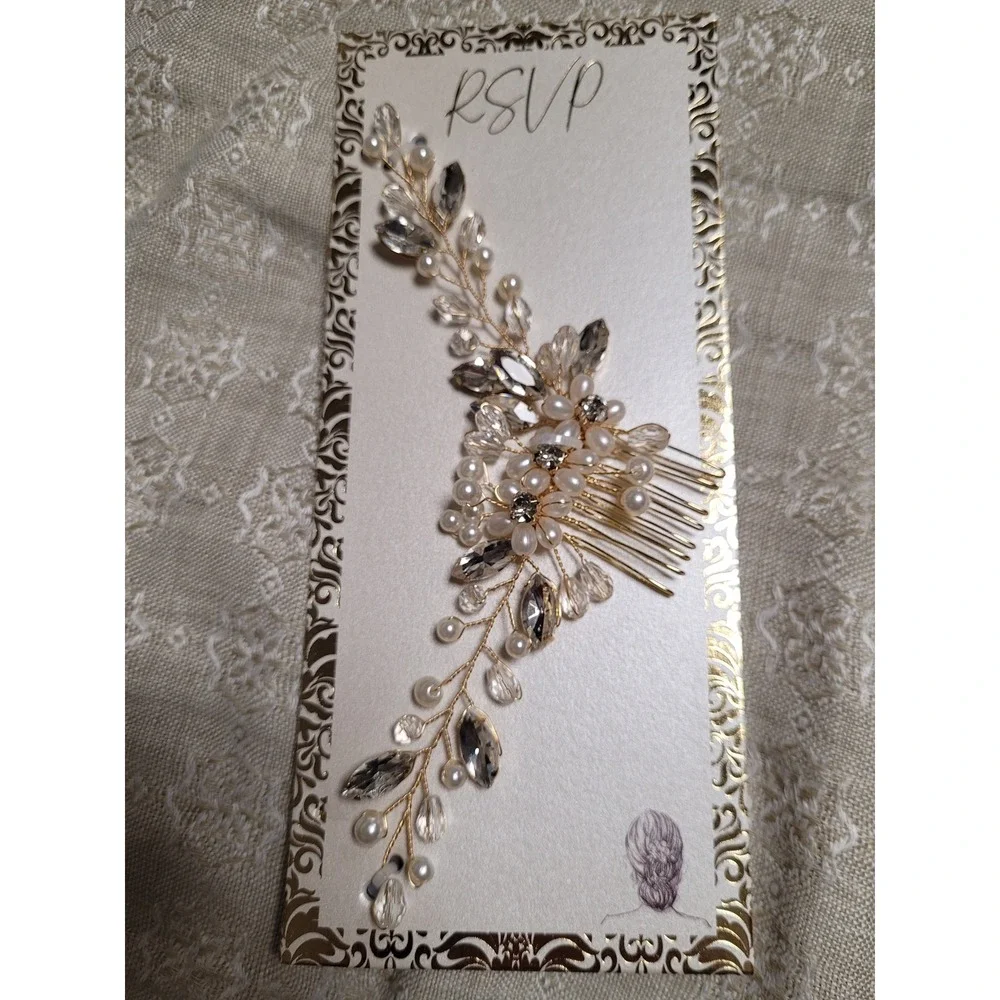 Bridal Hair Comb Gold Tone Crystal Pearl Feminine Floral Wedding Headpiece NEW